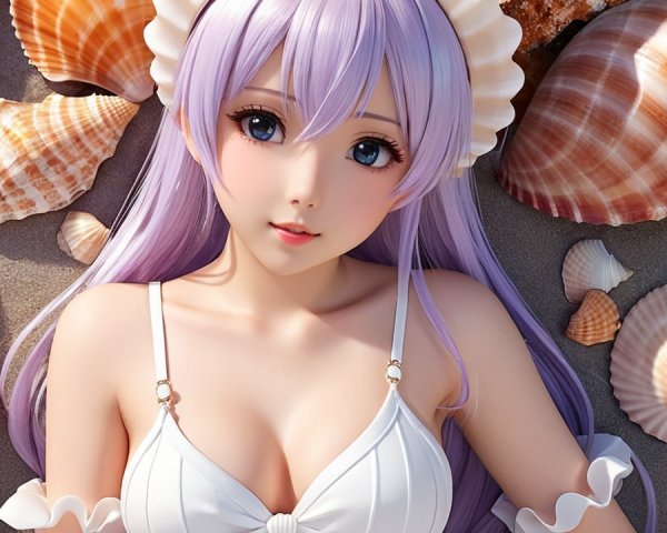 Anime Character with Purple Hair on Sandy Beach