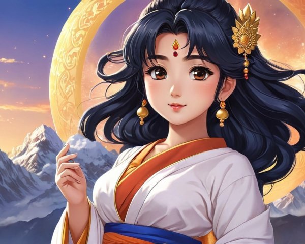 Young Woman in Traditional Outfit Against Mountain Sunset