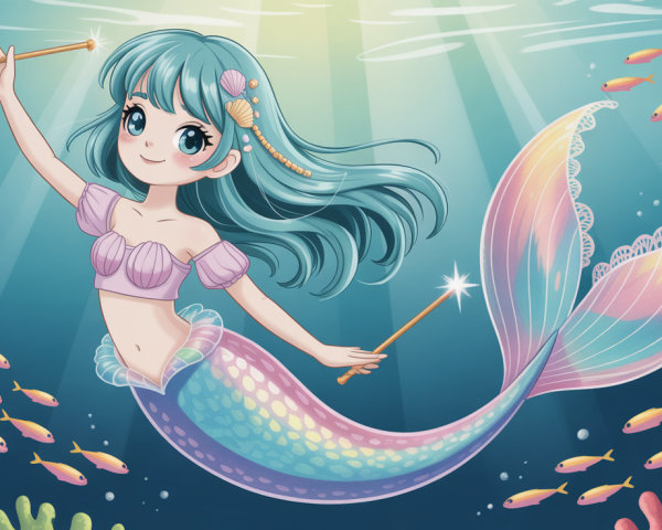 Chibi Mermaid Illustration with Colorful Underwater Scene