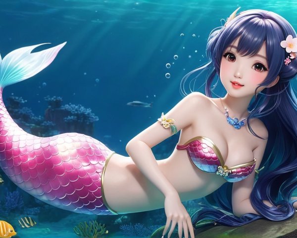 Mermaid with Blue Hair Among Coral Reefs and Fish