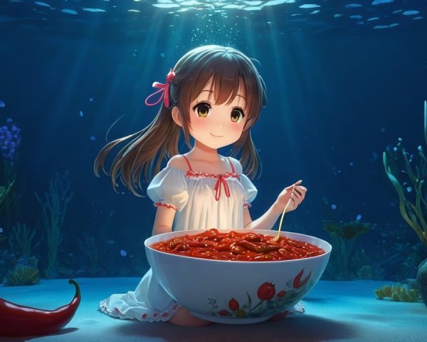 Underwater Scene of a Girl Enjoying Pasta with Marine Life
