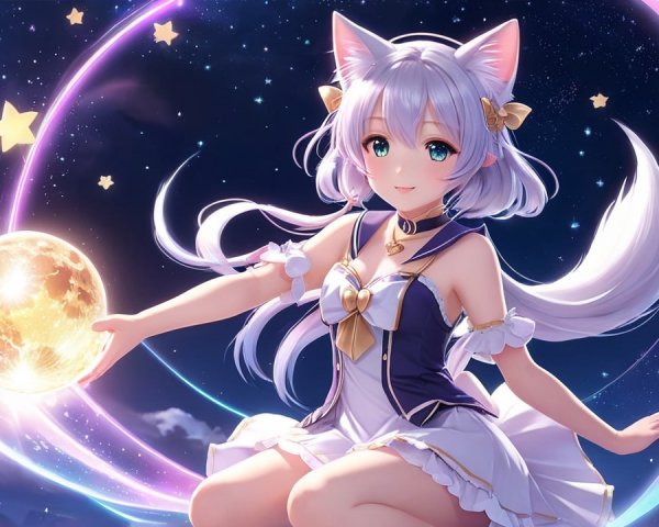 Magical Anime Character with Cat Ears and Moon