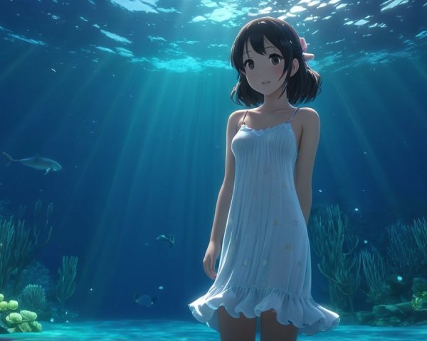 Young girl underwater in coral reef with fish
