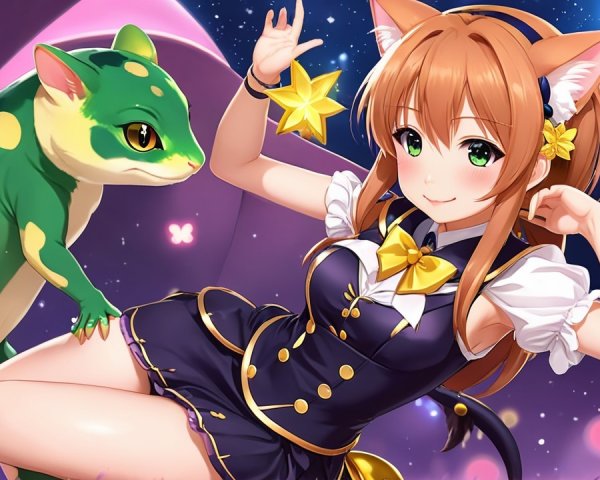 Cheerful character with cat ears in a starry scene