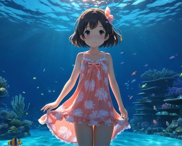 Young girl in underwater scene with coral reefs and fish