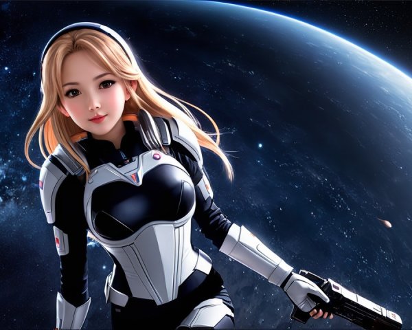 Futuristic Female Character in Space with High-Tech Armor