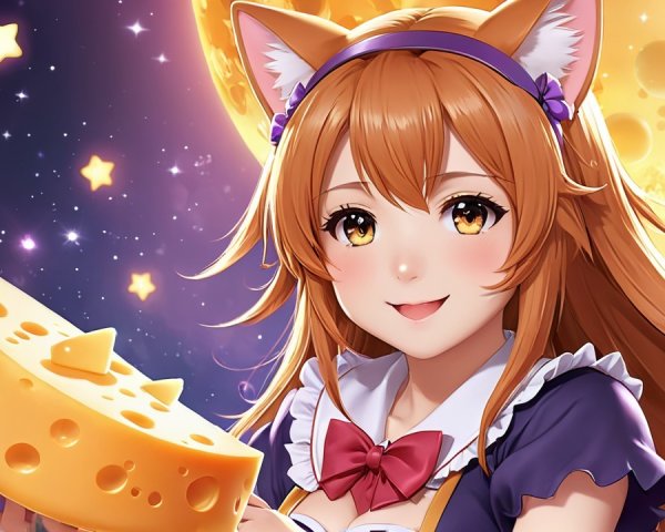 Cheerful anime girl with cheese in a magical setting