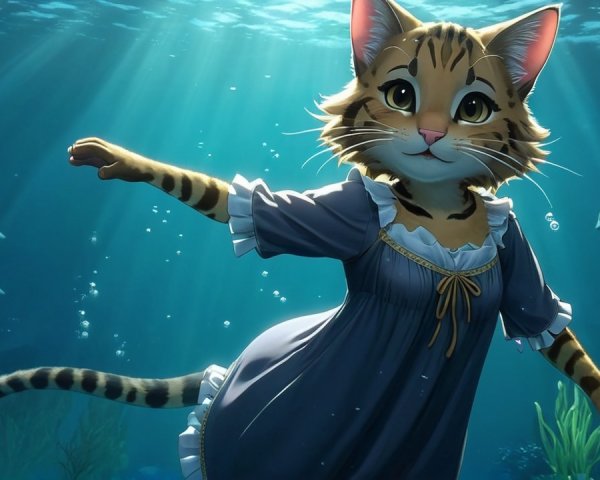 Whimsical Underwater Scene with Feline Character