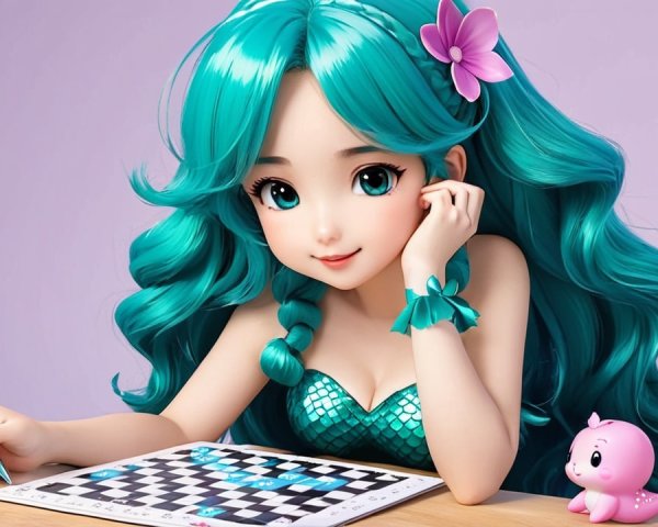 Animated character with turquoise hair drawing a checkerboard