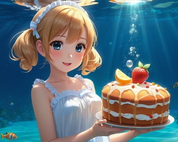 Cheerful anime girl underwater with decorated cake
