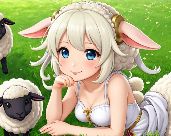 Cheerful girl in white dress with sheep in meadow