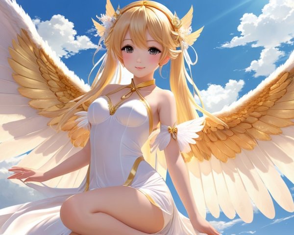Celestial Being with Golden Wings Against Blue Skies