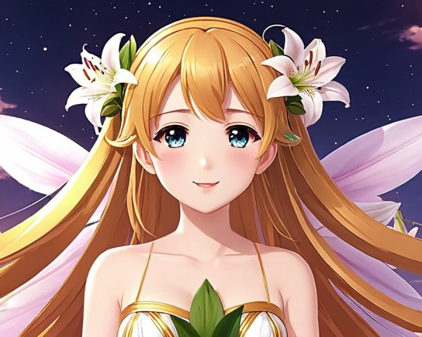 Anime Character with Golden Hair and Blooming Flowers