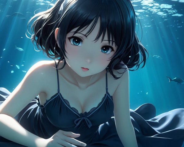 Young girl underwater in dark dress with fish