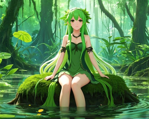 Serene Figure in Green Dress in Lush Forest Setting