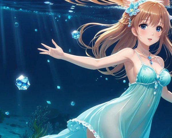 Underwater Scene with Woman in Elegant Blue Dress