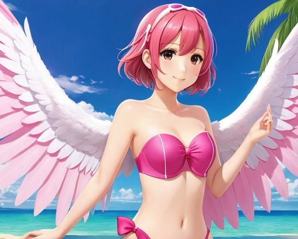 Vibrant Beach Scene with Girl and Whimsical Wings