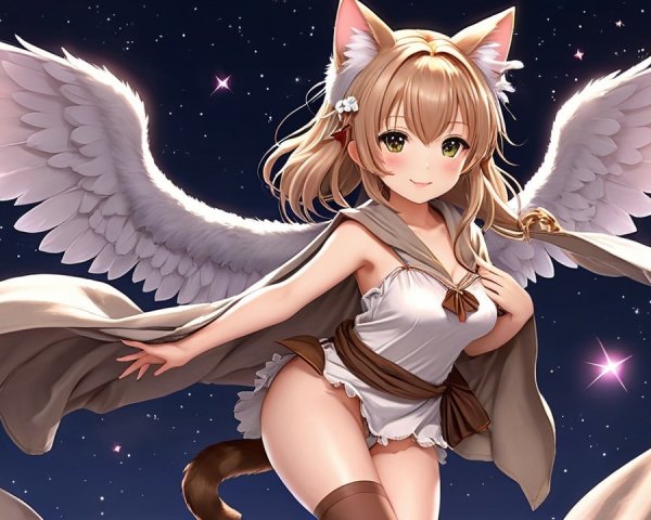 Fantasy Character with Cat Features and Angelic Wings