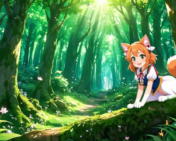 Cheerful Anime Girl in Vibrant Forest Setting