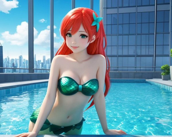 Stylized Mermaid by Sunlit Pool with City Skyline
