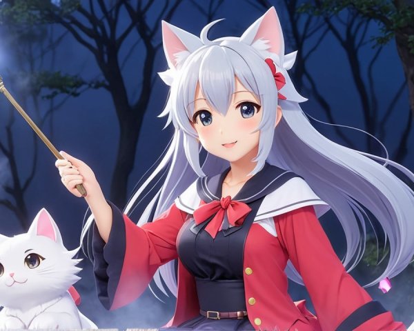 Young girl with silver hair in mystical forest setting
