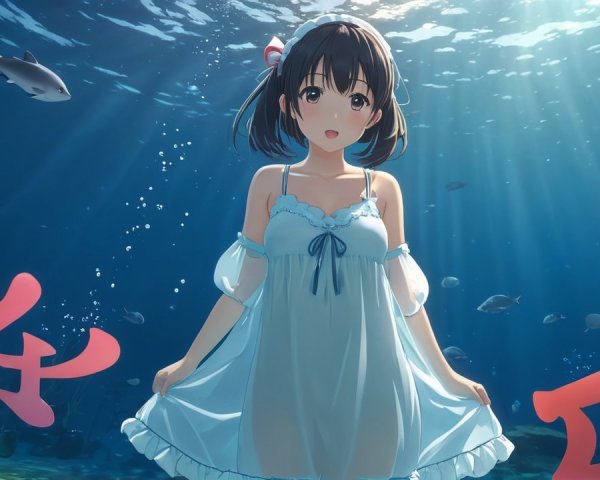 Young girl in blue dress underwater with fish and coral