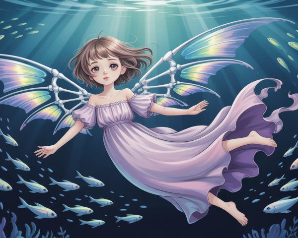 Anime-style female with wings underwater among fish