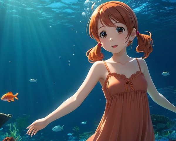 Cheerful girl with orange pigtails swims underwater