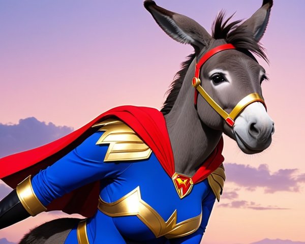 Superhero Donkey in Vibrant Costume at Sunset