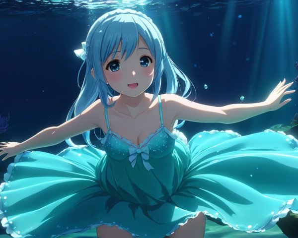 Underwater Scene of a Girl with Aqua Hair and Fish
