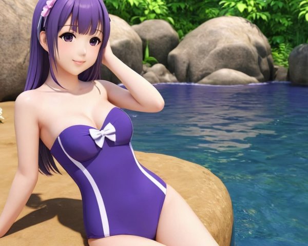 Young Woman in Purple Swimsuit by Serene Water Pool