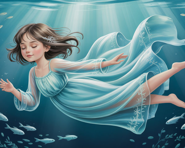 Young girl floating underwater in turquoise dress