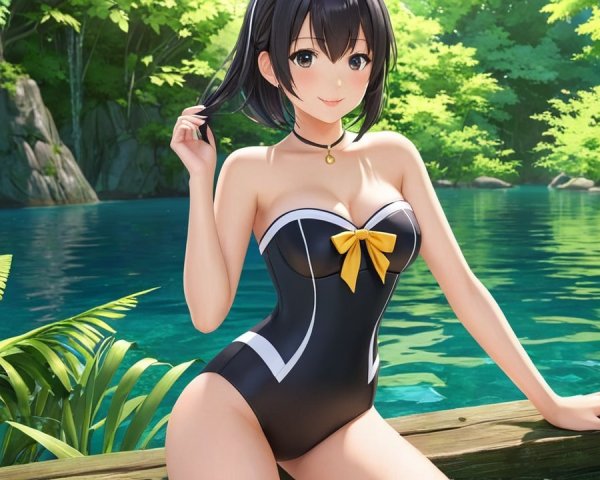 Young Woman in Black Swimsuit by Tranquil Lake