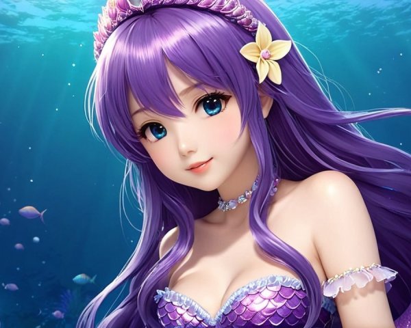Mermaid with Purple Hair in Vibrant Underwater Scene