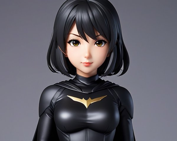 Character in Black Costume with Bat Emblem and Green Eyes