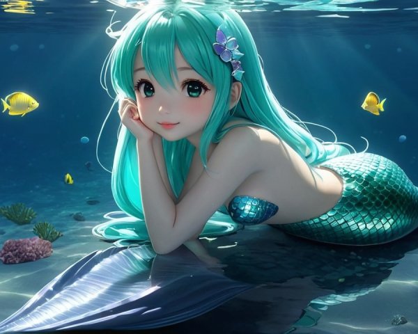 Whimsical Underwater Scene with Cheerful Mermaid