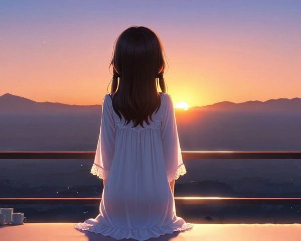 Young Girl in Nightgown on Balcony at Sunrise
