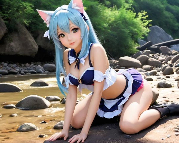 Character with Cat Ears by a Riverside in Playful Pose