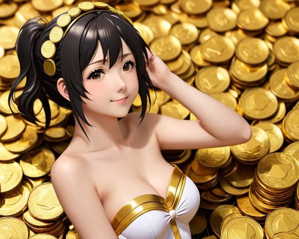 Cheerful anime character among a pile of gold coins