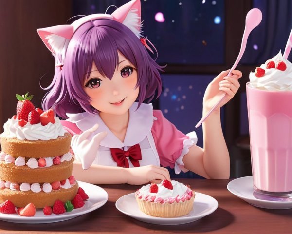 Cheerful girl with purple hair at a cozy café table