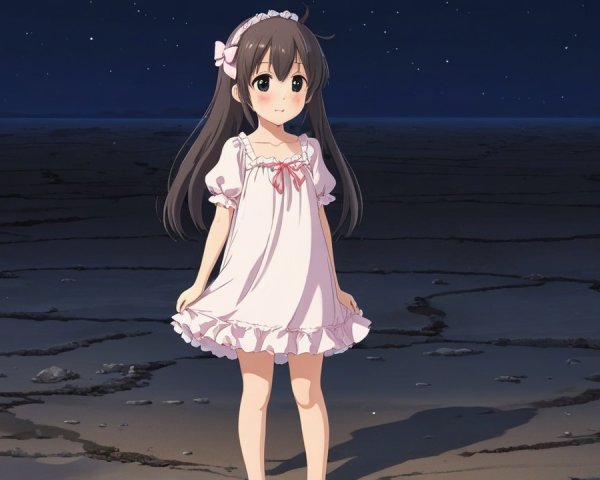 Young girl in nightgown in a desolate night landscape
