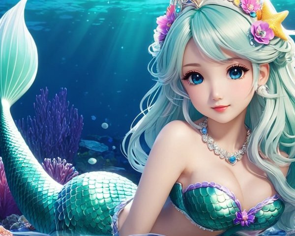 Vibrant Underwater Scene with Enchanting Mermaid