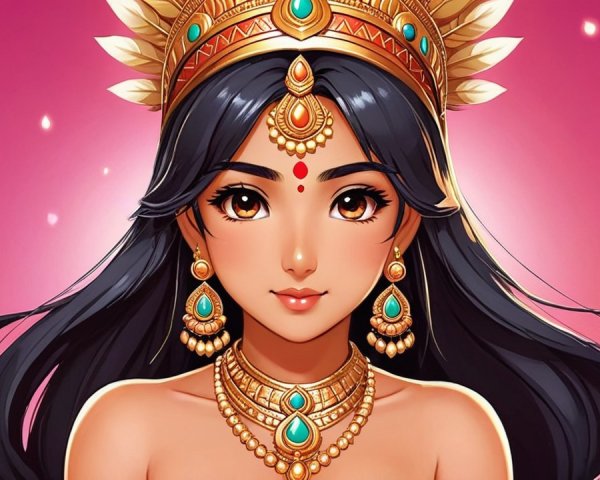 Regal Female Figure with Black Hair and Golden Crown