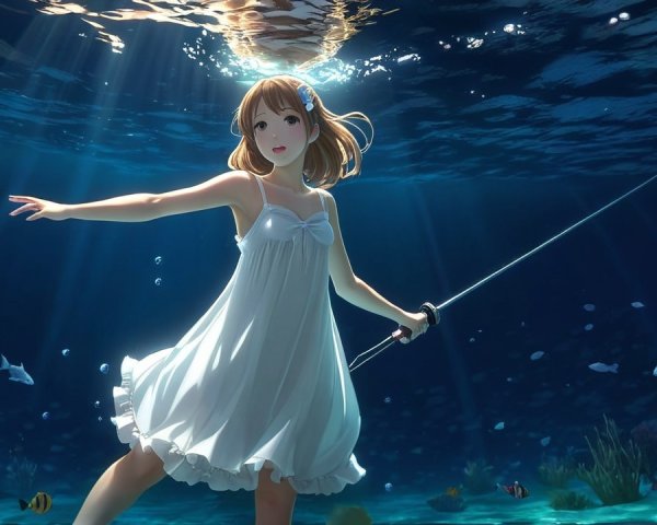 Underwater Scene with Girl in White Dress and Fish
