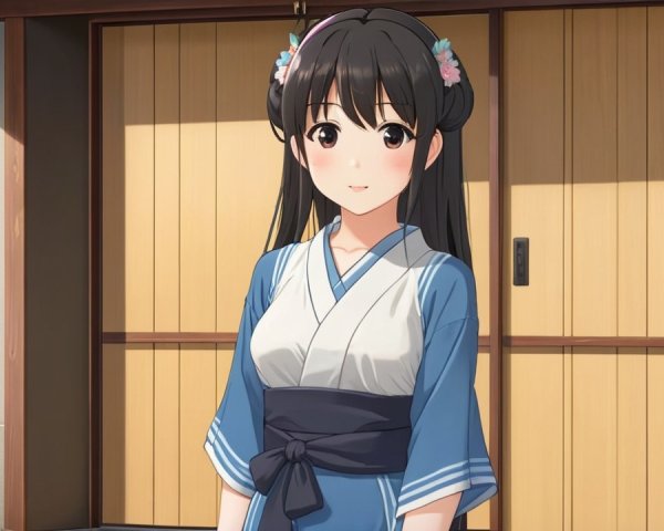 Young Woman in Blue Kimono by Traditional Japanese Building