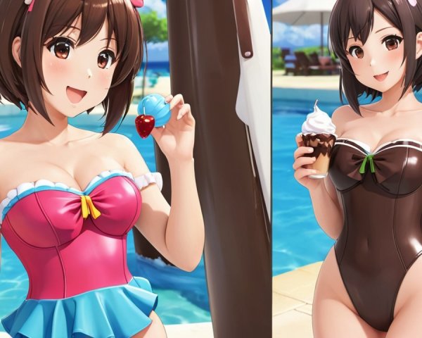 Animated Female Characters by Poolside with Ice Cream