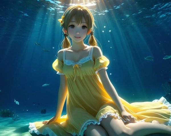 Underwater Scene with Girl in Yellow Dress and Fish