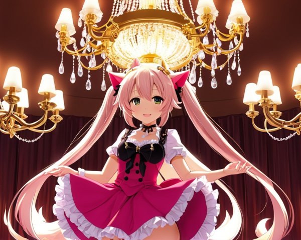 Cheerful anime girl in pink maid outfit under chandelier