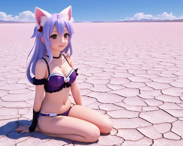 Anime Character with Cat Ears in Dry Landscape