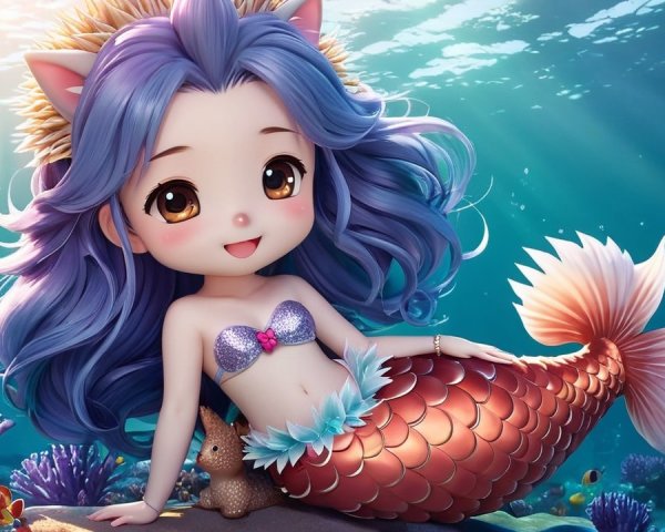 Whimsical Underwater Scene with Chibi Mermaid and Coral